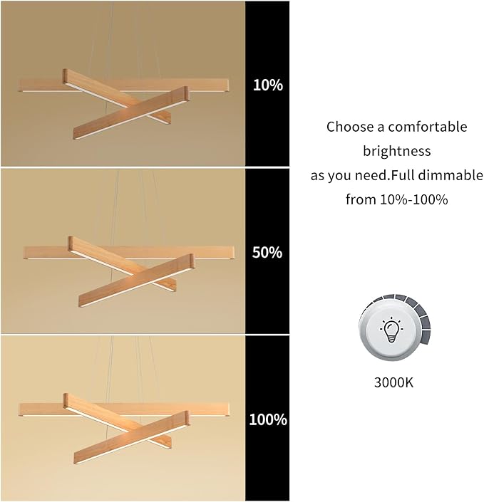 3-Light Solid Wood Natural Linear Pendant Light Modern LED Pendant Light Dimmable Chandelier for Dining Room Table Kitchen Island Living Room Ceiling - 45W Warm Light Adjustable Hanging Fixture