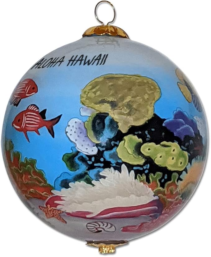 Collectible Glass Hawaiian Ornament with Fish, Corals and Sea Turtle Hand-Painted with Gift Box FCH/H