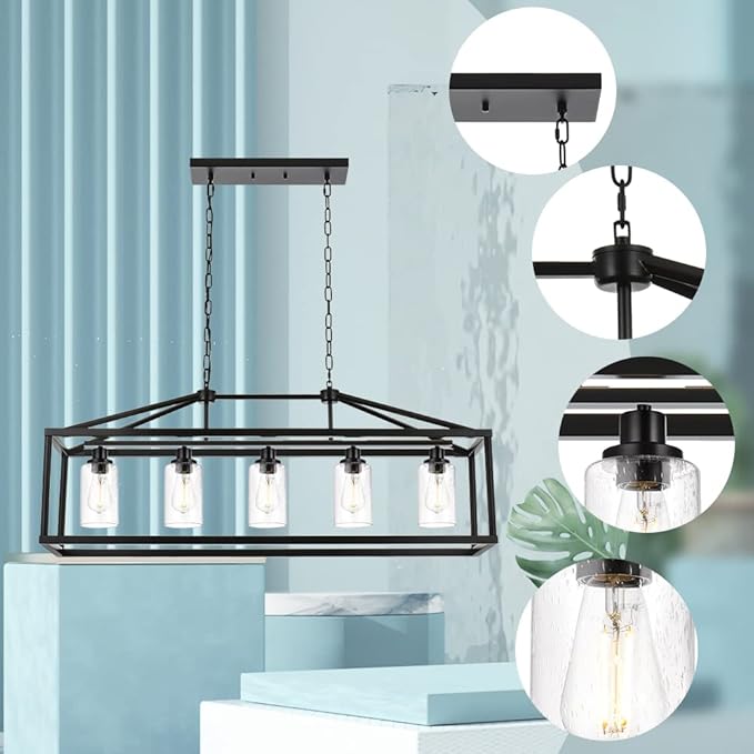 BONLICHT 5 Light Farmhouse Chandelier Ceiling Hanging Dining Room Lighting Fixtures Matte Black Modern Pendant Lighting Industrial Rectangular Kitchen Island Chandelier Fixture with Seeded Glass Shade