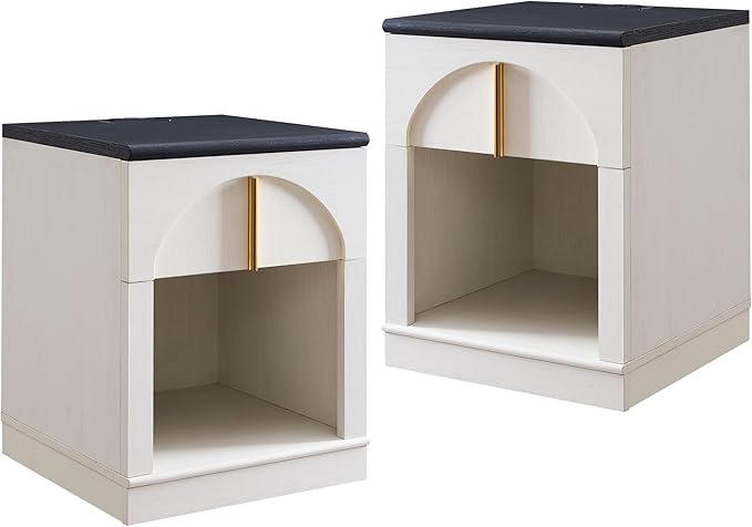 ACCOHOHO Modern Night Stand Set 2 with Arched Panel,18" Wooden nightstand with Charging Station,Bedside Table with Drawer Storage,Side End Table with Open Shelf for Bedroom,Living Room,White