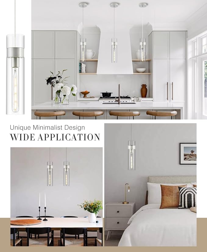 Pendant Lights Kitchen Island (Bulb Included), Brushed Nickel Adjustable Modern Glass Pendant Light Over Island, Industrial Pendant Light Fixtures for Dining Room Hallway Bedroom Living Room
