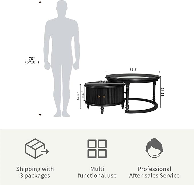 LKTART Nesting Coffee Table for Living Room, Round Tempered Glass Solid Wood Nest Coffee Tables with Storage, Retro Small Accent Center Table for Small Space Apartment (31.5''D×18''H-Balck)