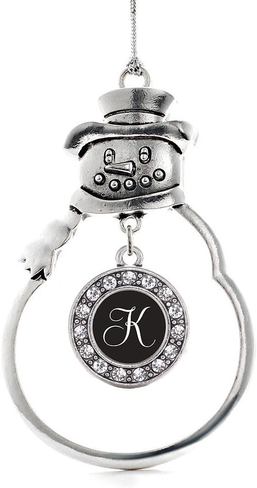 Inspired Silver - My Script Initials - Letter K - Silver Christmas Ornament - Circle Charm Christmas Tree Ornament with Cubic Zirconia - Snowman Hanging Decoration