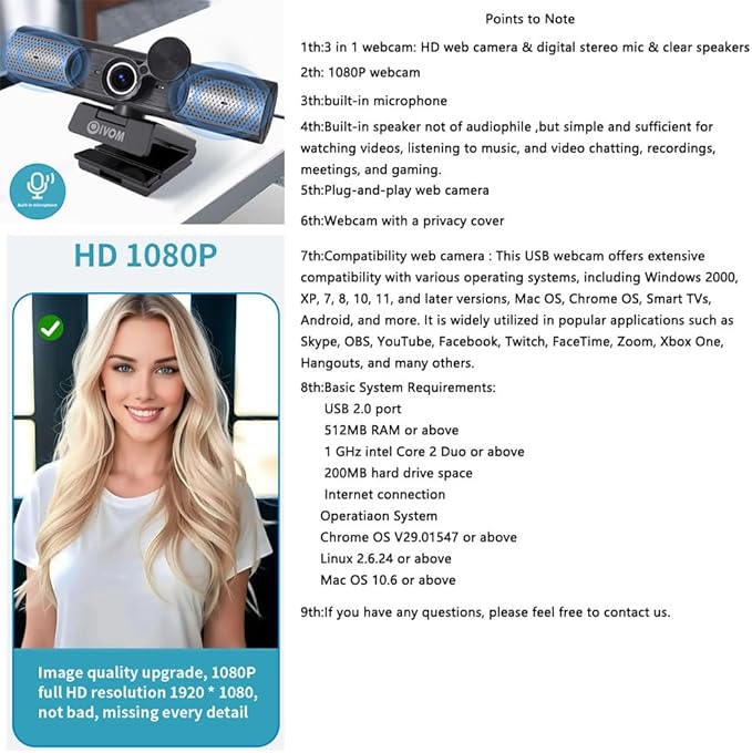 Webcam with Microphone and Speaker, 3 in 1 USB Camera with Privacy Cover, Plug and Play, Conference Streaming Webcam, Wide Angle Camera (1080P Mic Speaker)