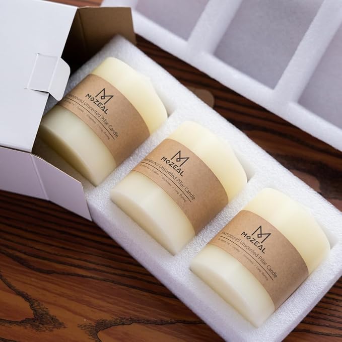 MOZEAL 3" x 8" Hand-Poured Unscented Candles,Large White Pillar Candles Set of 2,No Drip,Approx 120 Hours Long Burning,Wedding,Dinner,Christmas and Home Decor（3 Inch Diameter 8 Inch Height）