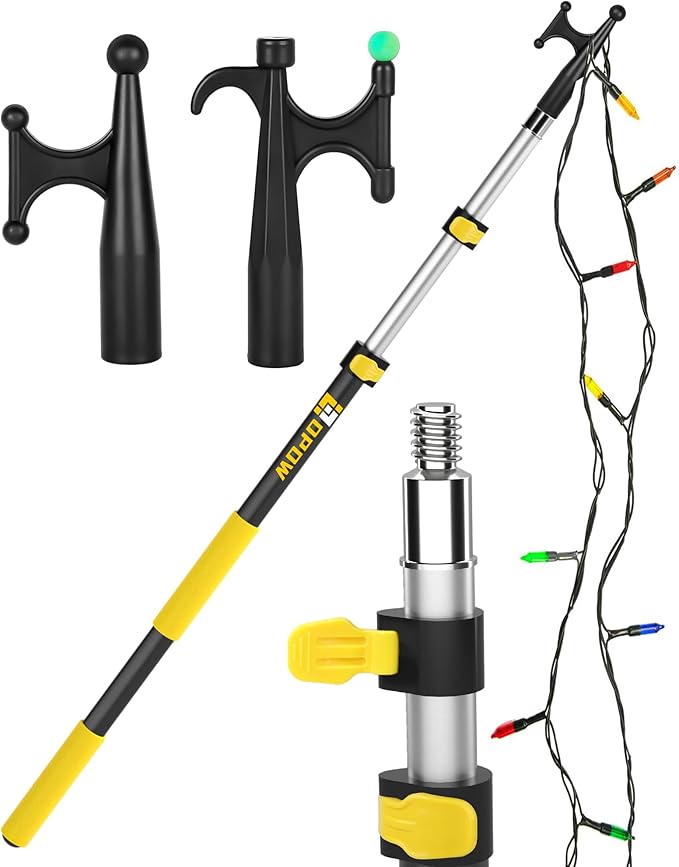 12FT Extension Pole with Utility Hook, Christmas Light Hanger Tool Attachment Screw On Pole Attachment Fits on 3/4 inch Acme Thread for Multi-Purpose Light Installation, String Lights, Birdfeeder