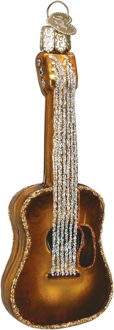 Old World Christmas Glitter Brown Guitar Glass Blown Ornament for Christmas Tree, Handcrafted Holiday Decoration, Music Collection