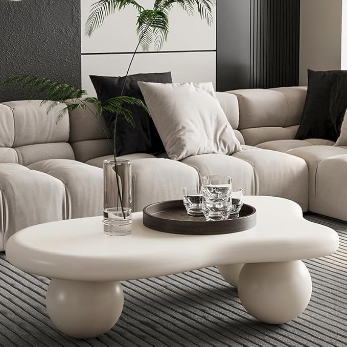 40” Cloud Coffee Table with 3 Ball Legs, Modern Lrregular Center Table for Living Room, Low Cute Small MDF Tea Table for Bedroom, Space Apartment-White