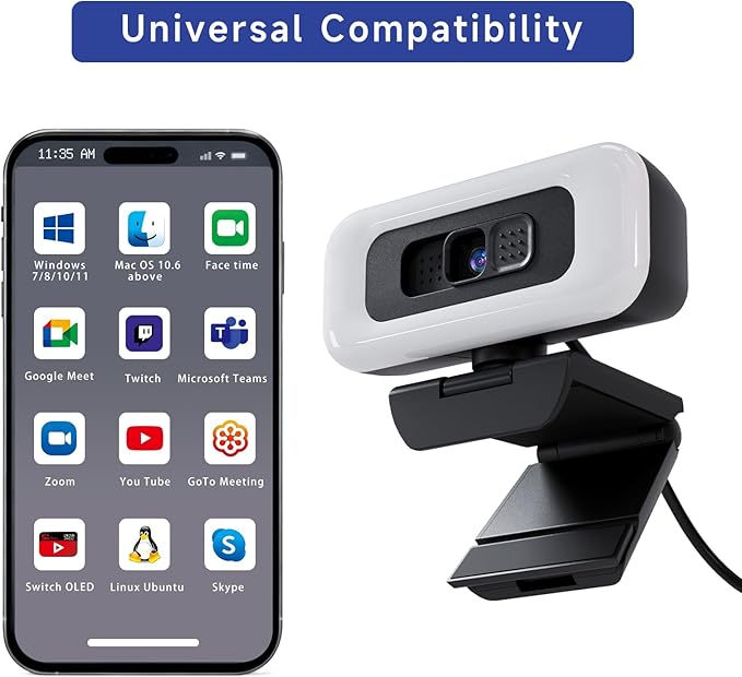 4K Webcam with Light, Webcam for PC with Microphone, USB Computer Camera for Desktop, Web cam with Tripod, Plug and Play, Web Camera for Desktop Computer