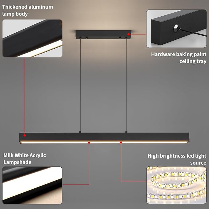 Linear Pendant Light Fixtures, 20W LED Island Lights with Remote, 31" Modern Pendant Light for Kitchen Island Dining Room Billiard Room Office Bar, 3000k-6000k Dimmable, Black