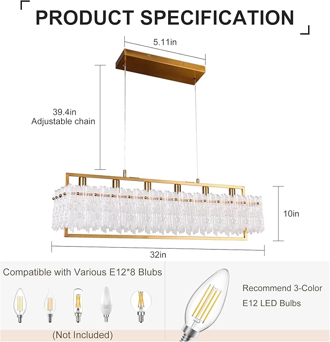 Dining Room Light Fixture 32'' Modern 6-Light Gold Chandelier for Dining Room with E12 Base Compatible with 3000K~6000K (No Bulbs) Linear Farmhouse Lighting for Kitchen Island and Living Room