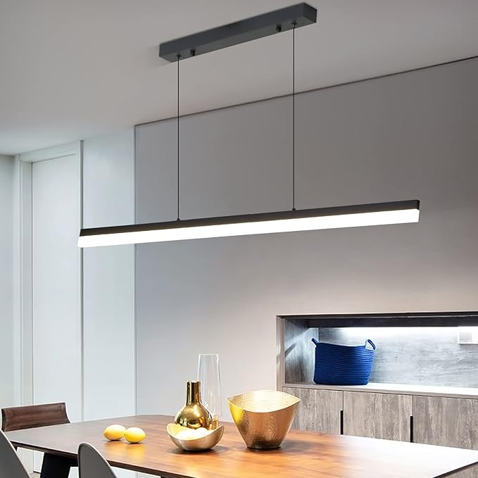 LED Linear Pendant Light, Dimmed Chandeliers for Dining Room with Remote Control, Modern Pool Table Island Lights Adjustable Ceiling Pendant Light for Kitchen, Living Room, Office, Black