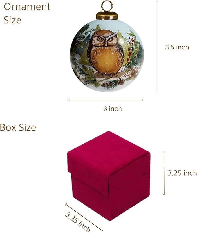 Hand-Painted Glass Owl Ornament – Woodland Forest Bird Collectible with Evergreen Tree Backdrop – Winter Wildlife Christmas Decoration – 3” Round Reverse-Painted Ornament with Gift Box