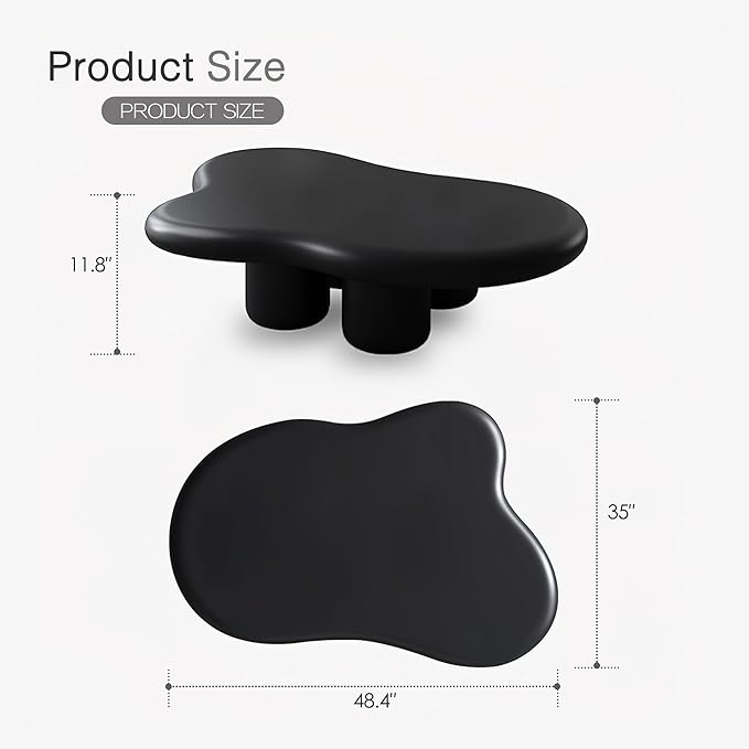 48 Inch Cloud Coffee Table, Modern Black Coffee Table for Living Room, Large Wood Coffee Side Table with Irregular Tabletop and 4 Sturdy Legs for Home Office Bedroom