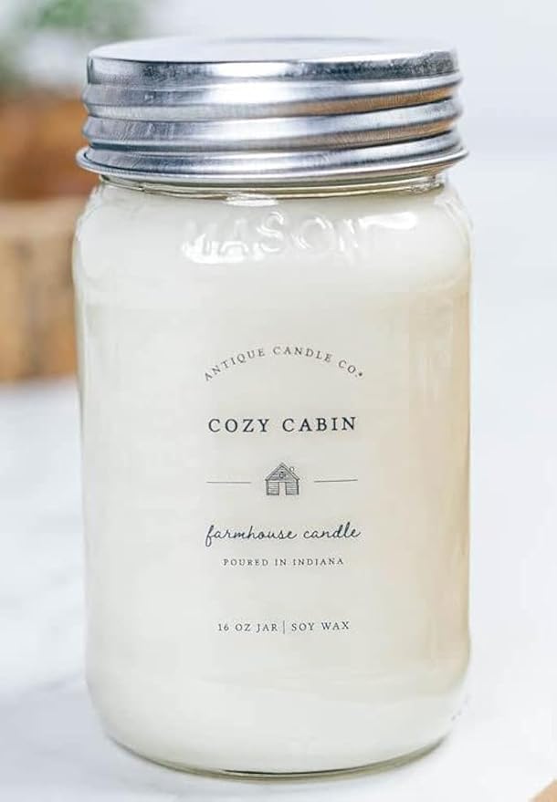 Antique Candle Co.® Cozy Cabin 16 Ounce Soy Wax Candle, 80 Hour Burn Time, Cotton Wick, Mason Jar Candle (Cozy Cabin)