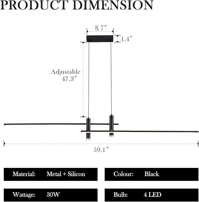 Modern LED Chandelier 59.1 Black Kitchen Island Pendant Light Fixtures Linear Pendant Lighting with Remote Dining Rooms Living Room Dimmable 3000K-6000K