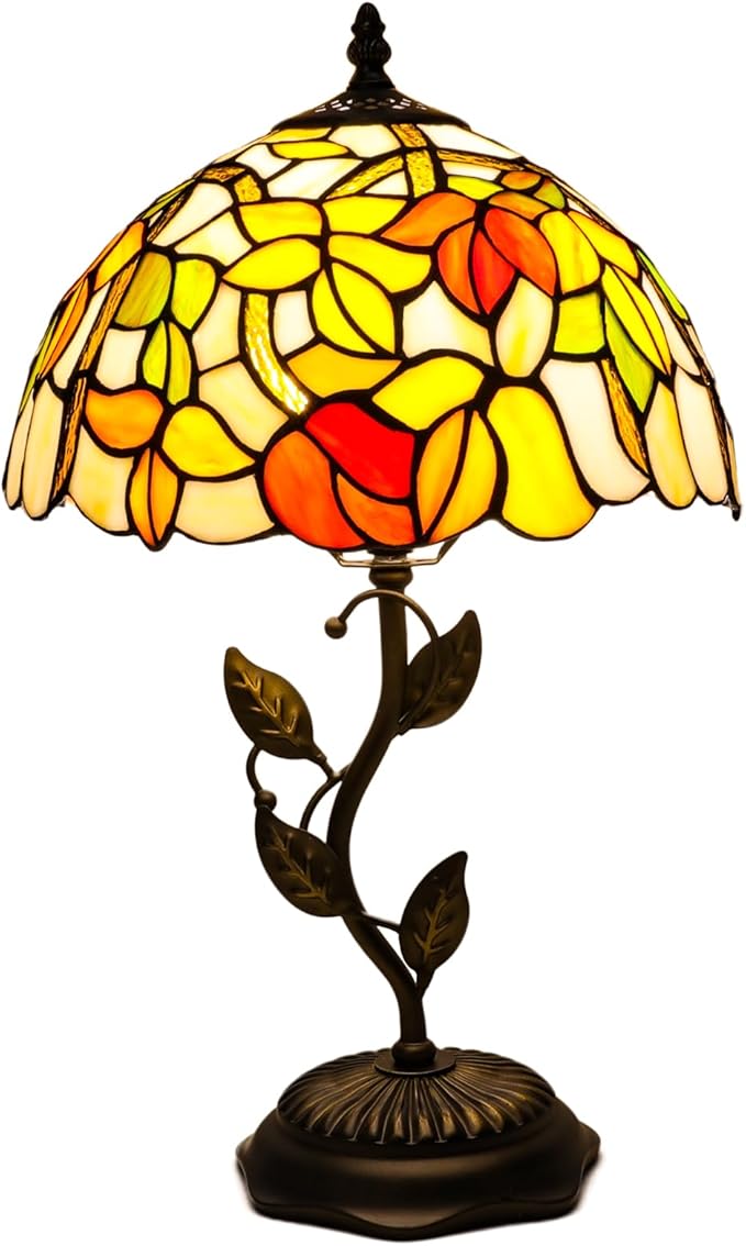 Stained Glass Table Lamp, Flower Style Lampshade & Metal Leaf Antique Base Desk Reading Light 12X12X19 Inches Decor for Bedroom Living Room Office