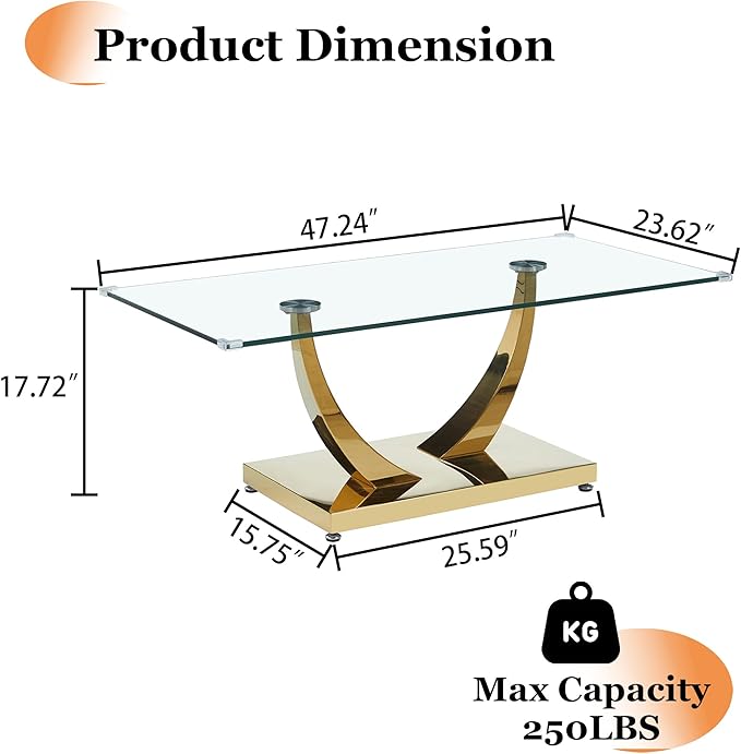 47" Glass Coffee Table, Modern Rectangular Center Table with Tempered Glass Top and Gold Horn-Shaped Stainless Steel Base for Apartment, Office