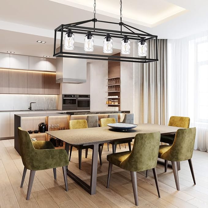 BONLICHT Black Farmhouse Chandeliers Rectangle 5 Light Modern Kitchen Island Pendant Light with Clear Water Glass Industrial Linear Dining Room Lighting Fixture Hanging Flush Mount Ceiling Lights