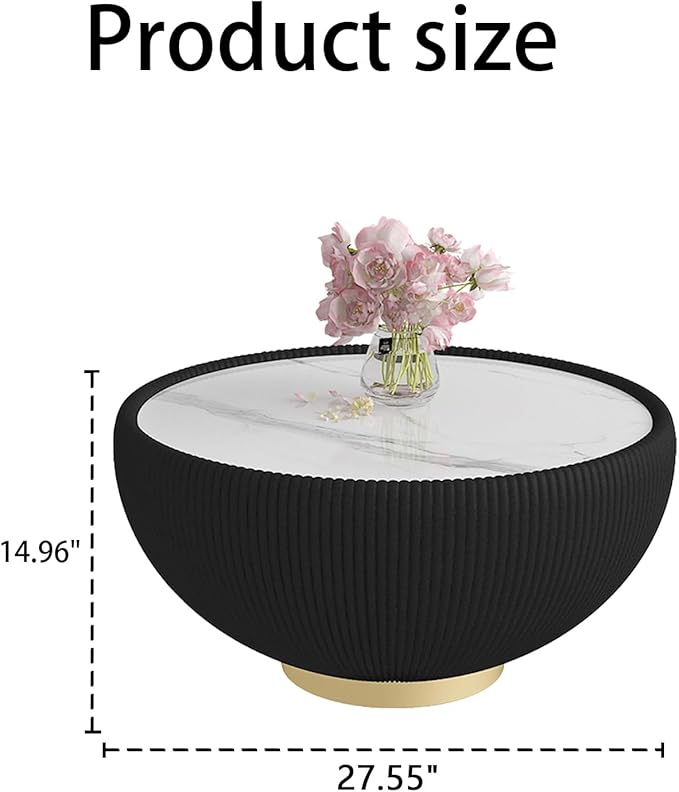 27.55" Black Round Coffee Table, Drum Coffee Table with Sintered Stone Tabletop and Fluted PU Leather Covered and Metal Base, Circle Cocktail Tea Table for Living Room
