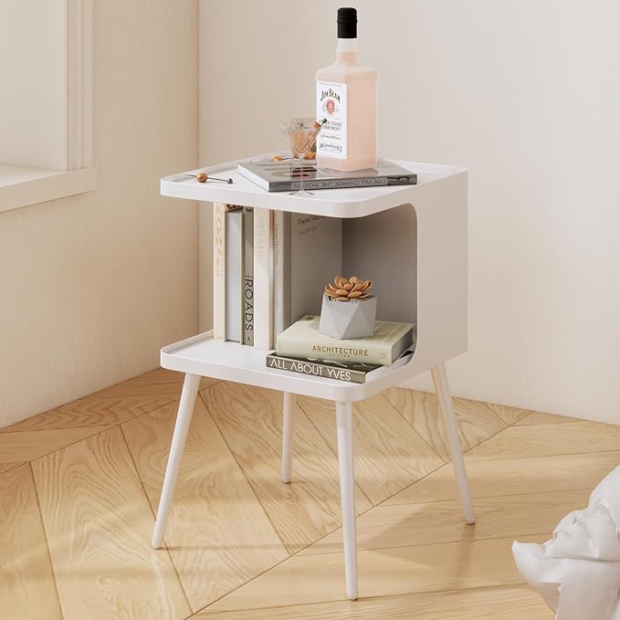 Metal Side Table,Modern end Table,Bedside Table,Small nightstand with Storage Shelf for Bedroom Living Room Small Space (White)