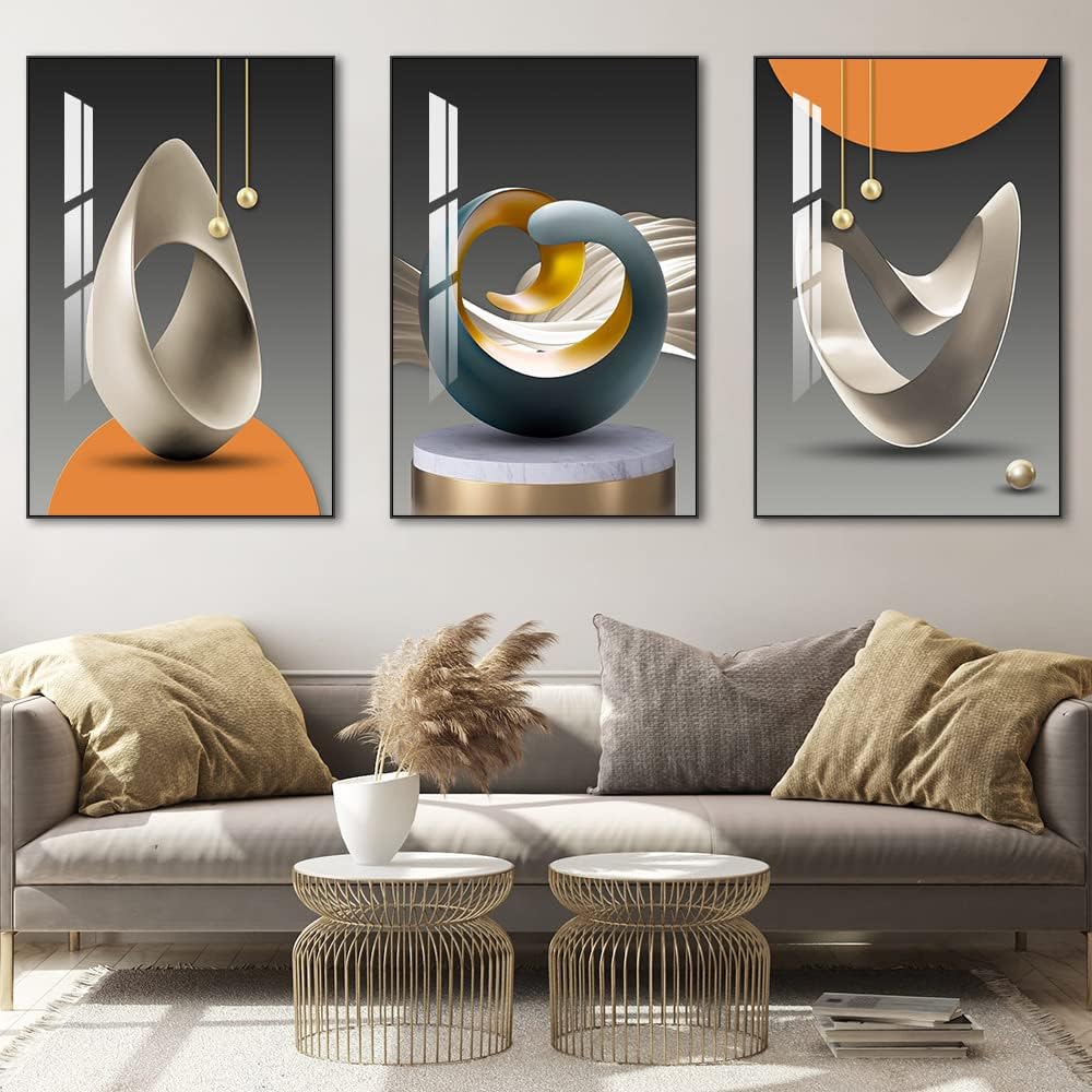 MPLONG Wall Art, Bright Style Framed Wall Art, Abstract Modern Art Shape Pattern White Blue Yellow Grey Wall Art Artfully Matching Living Room Bedroom Office Wall Decor - 20"x 28"x 3 Panels