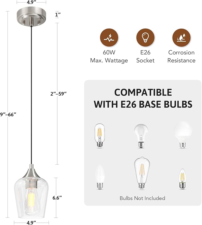VONLUCE Pendant Lights Kitchen Island, Brushed Nickel Pendant Light Fixtures with E26 Base & Adjustable Cable, Modern Pendant Lighting with Glass Shade for Living Room Bedroom Hallway, 2 Packs