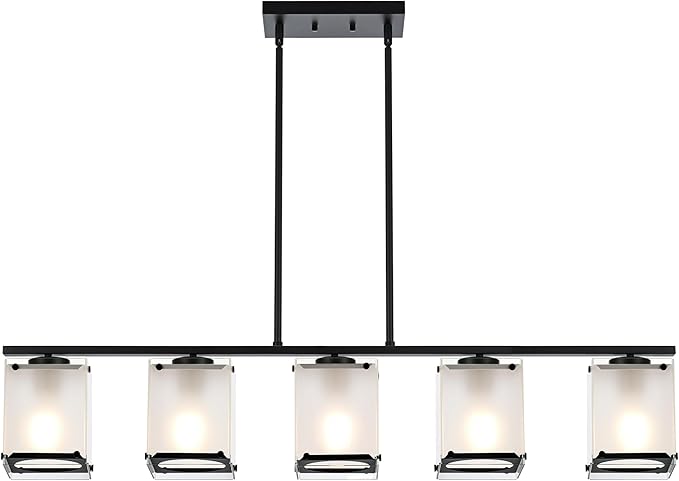 5-Light Blcak Chandeliers for Dining Room, Modern Kitchen Island Lighting with Frosted Glass Shade Linear Pendant Lighting for Dining Table Kitchen Island, Adjustable Height