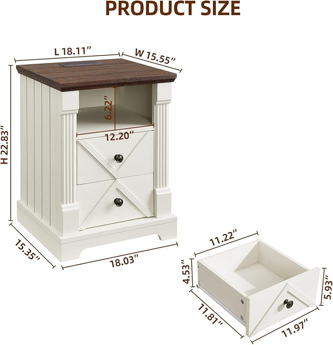 Nightstand with Charging Station, Rustic 18 Inch Farmhouse End Table with Barn Door, Wood Sofa Side Table with 2 Storage Drawers for Living Room, Bedroom, Entryway(Antique White)