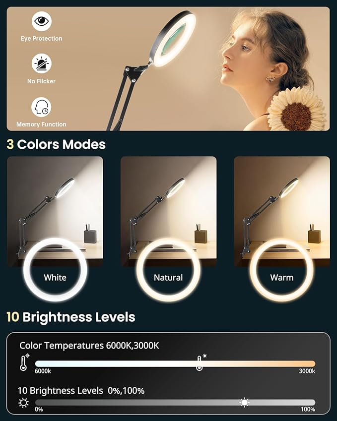UBeesize 10X Magnifying Glass with Light and Stand, Lighted Magnifying Glasses for Close Work, Reading, Crafts, Jewelry, Sewing, Soldering, Desk Lamp with Clamp with Adjustable Brightness