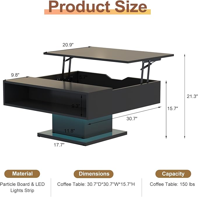 Square Lift Top Coffee Table with Storage, Black Led Coffee Table for Living Room with Large Hidden Storage, 30.7" Wood Table Led Center Table for Dining Reception Room