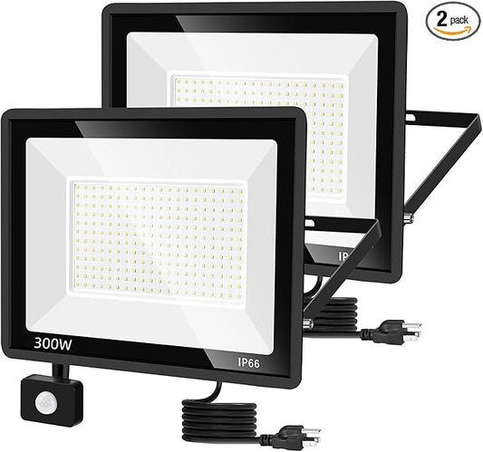 2 Pack 300W LED Motion Sensor Flood Light,LED Work Light with Plug,Super Bright IP66 Waterproof Floodlight Outdoor 43500 lumens 5000K Daylight Dusk to Dawn Security Light for Garage,Front Porch