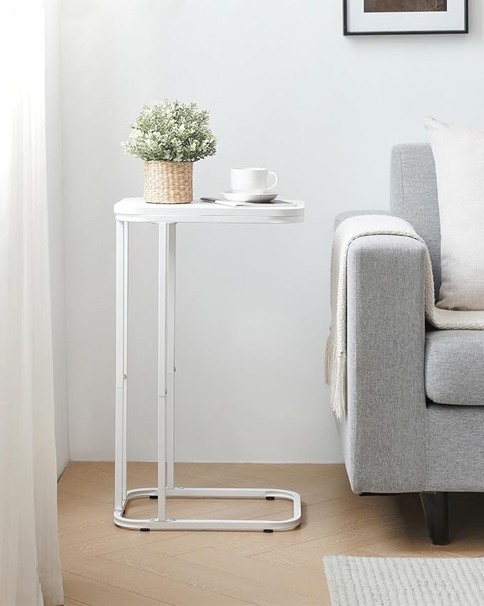 C Shaped End Table, 27 Inches High Small Side Table for Sofa and Bed, Couch Table Slides Under, Tall Tv Tray Table for Living Room, Bedroom, Metal Frame, Snow White