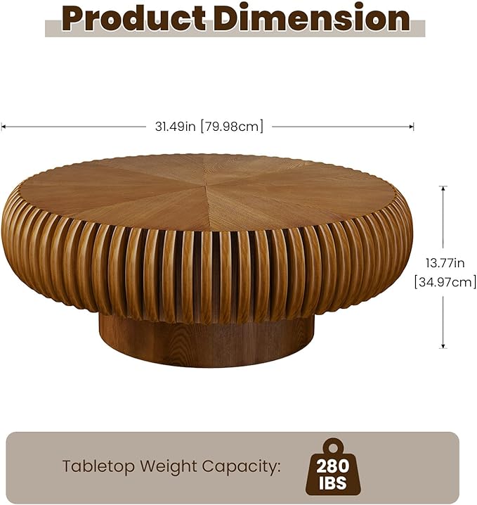 31.5" Drum Coffee Table Modern Unique Fluted Tea Table Contemporary Wood Round Coffee Table with Fluted Centry Table for Living Room Walnut (31.5" Brown)