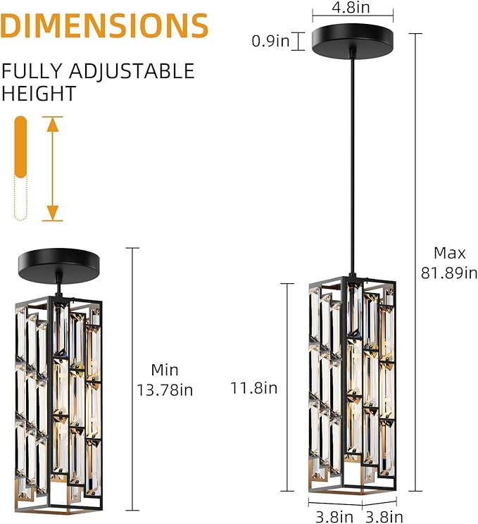 Black Pendant Lights Modern Pendant Light Fixture, Mini Crystal Pendant Ceiling Light, Pendant Light for Kitchen Island, Dinning Room, Bedroom, Kitchen Sink Lighting (2-Pack)