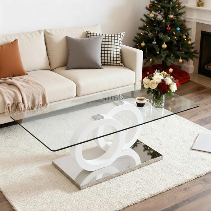 Modern Glass Coffee Table, 47” White Rectangular Coffee Table for Living Room, Clear Center Table with Tempered Glass Top and Glossy White Base