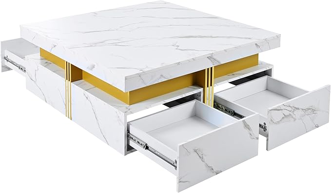Merax 43.3" Modern Square Storage Coffee Table with 4 Drawers, with Marbling Gold Accents, Functional Center Tables for Living Room Apartment, White
