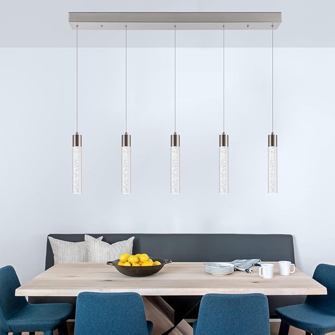 Pendant Light Kitchen Island with Remote Control - Brushed Nickel Adjustable Height Kitchen Island Light, 3000K/4000K/6000K Dimmable LED Handing Light for Dining Room, Bar, Hallway