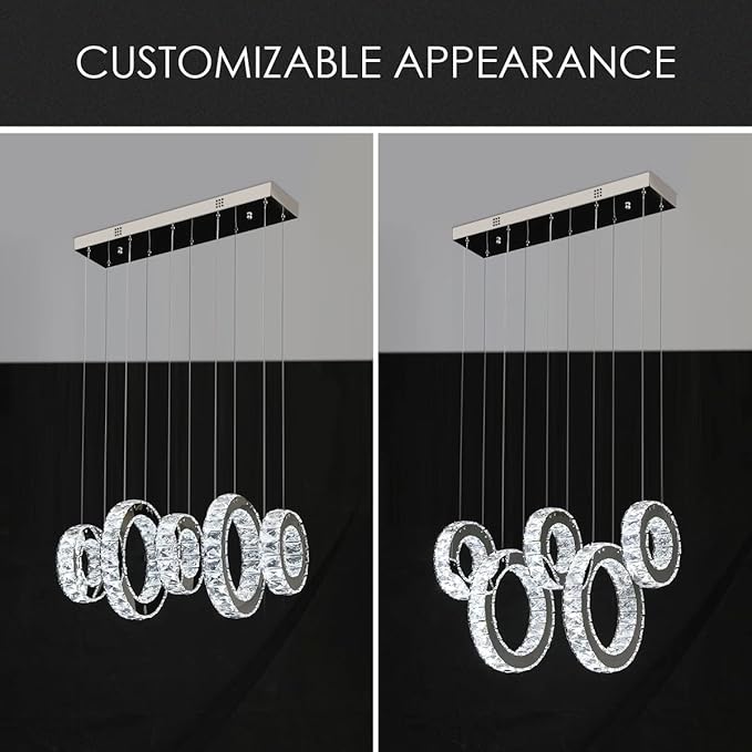 Buccleuch 5-Ring Crystal Chandelier, Height Adjustable UL-Certified Dimmable LED Pendant Light, Stainless Steel K9 Crystal Ceiling Light for Dining Room Living Room Bedroom, 6000K 4400lm