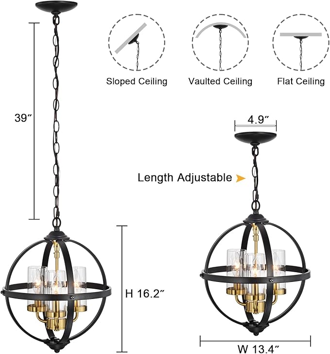 Treekee Rustic Chandelier, 14" Farmhouse Globe Orb Pendant Light, Vintage Black and Gold 3-Light E12 Adjustable Ceiling Hanging Fixture for Kitchen, Dining Room, Living Room, Bedroom, Entryway, Foyer