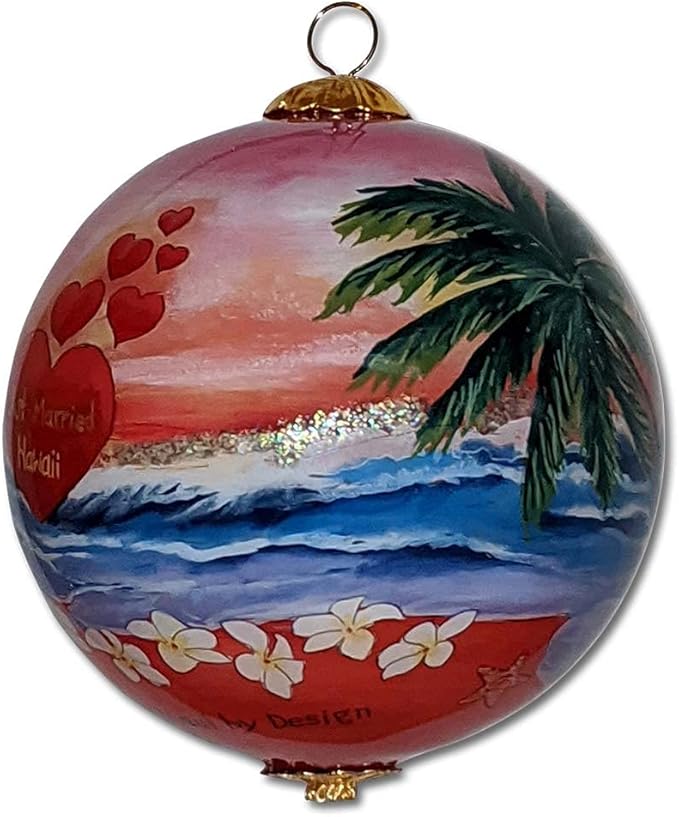 Just Married in Hawaii Collectible Hawaiian Ornament Hand-Painted Glass with Gift Box JMP/H