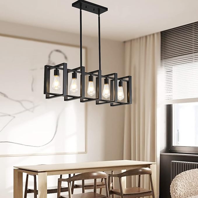 34.5 INCH Kitchen Island Chandeliers for Dining Rooms, Pendant Lighting Hanging Light Fixture Matte Black 5-Light Farmhouse Pendant Lightsfor Kitchen Island