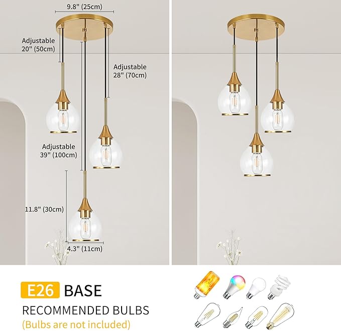 3-Light Island Light for Kitchen, Gold Kitchen Island Hanging Pendant Light, Brushed Gold Dining Room Light Fixture Over Table with Clear Round Glass Shades