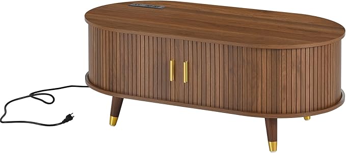 WILLIAMSPACE 42.5" Oval Coffee Table with Storage & Charging Station, Mid-Century Modern Center Table with Sliding Tambour Door, Farmhouse Tea Table with Solid Wood Legs for Living Room, Walnut