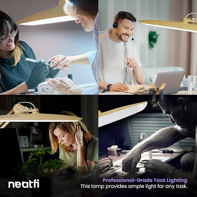 Neatfi XL 2,200 Lumens LED Task Lamp, 20W, 182 Pcs SMD LED, Dimmable, 4 Level Brightness, 3 Light Modes, Desk Light for Home, Office, Workbench (CCT, Gold)