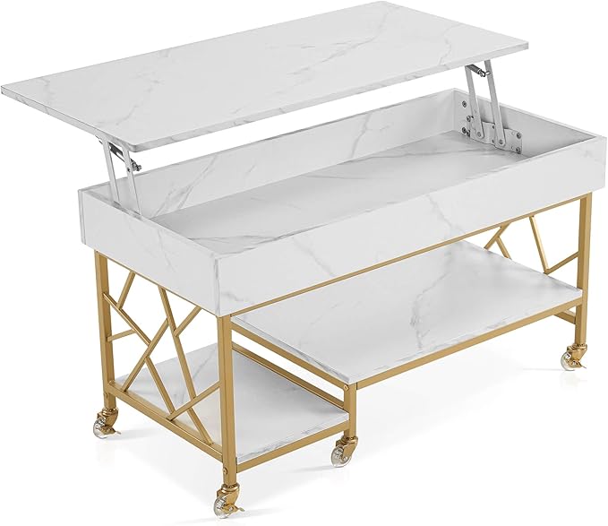 ivinta Lift Top Coffee Table with Storage, Modern Center Table with Lockable Crystal Wheels and Hidden Compartment for Living Room Home Office 1150 (White and Gold)