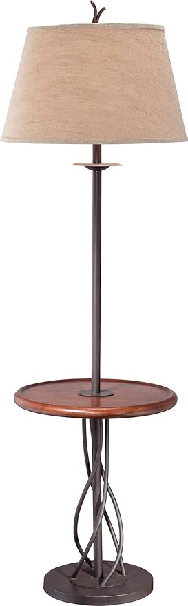 Franklin Iron Works Rustic Farmhouse Country Cottage Floor Lamp with Tray End Table 63.5" Tall Wood Twisted Iron Base Brown Linen Fabric Tapered Drum Shade for Living Room Reading House Bedroom