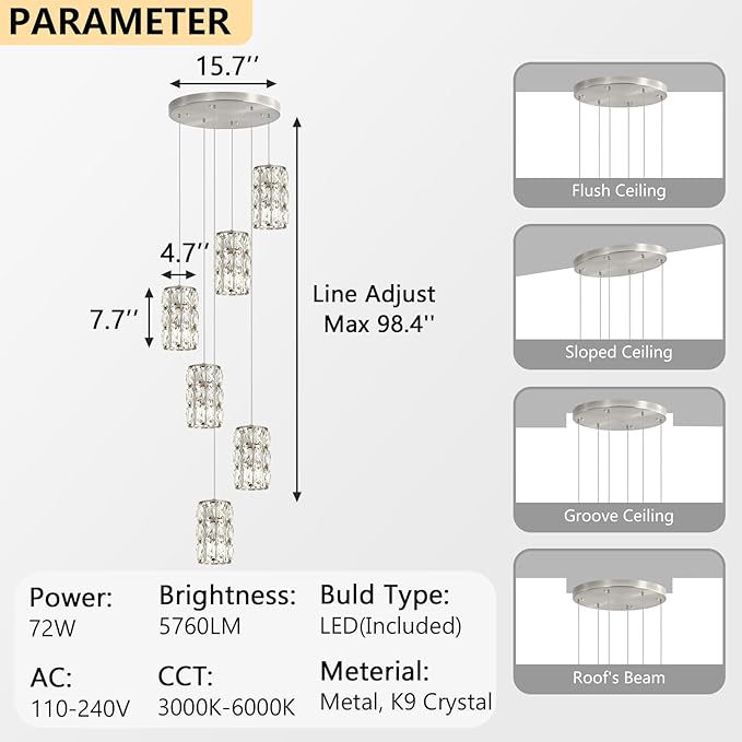 6-Lights Modern Crystal Pendant Lights for Kitchen Island LED Dimmable Glam Pendant Lighting Chandelier for Dining Room Hallway Corner Lamp Nickel