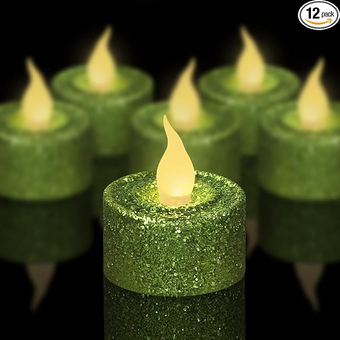 FURORA LIGHTING Green Glitter LED Tealight Candles Pack of 12, Flameless Flickering Tealight Candles for Home Décor, 1.5’’(W) x 1.65’’(H), Battery Operated