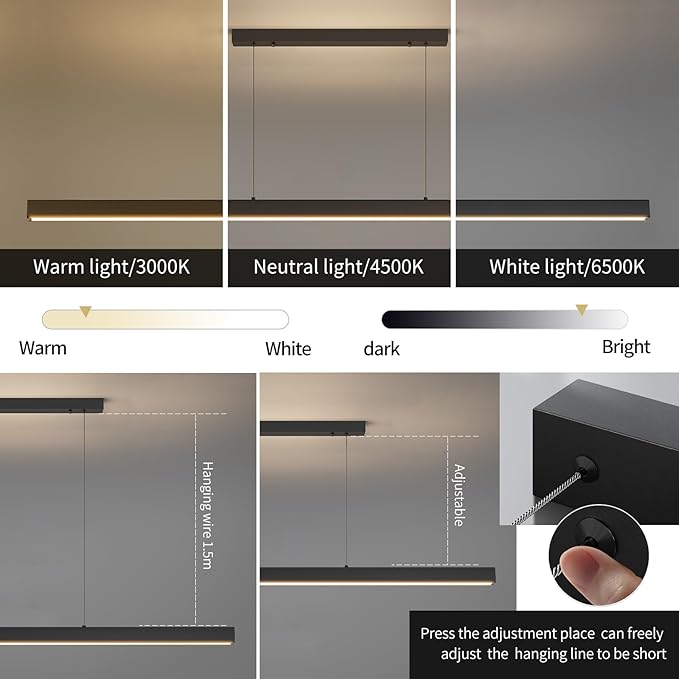 70" LED Linear Pendant Light Fixtures, 25W Dimmable Pool Table Light with Remote, Modern Island Lights for Kitchen Dining Room Living Room Office Bar, 3000k-6000k, Black